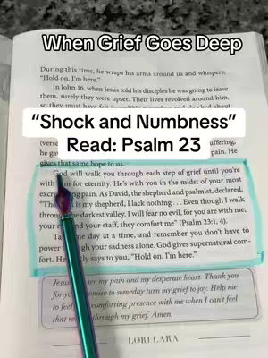 A cover image showing an open book on a light-colored surface. Text overlays at the top read "When Grief Goes Deep." Centered below the title, another text box states "Shock and Numbness" and "Read: Psalm 23." The text is set against a white background, with a light blue highlighter tracing the selected Bible verses. The highlighted passage and the accompanying text are easily readable. In the bottom of the image, we can see a portion of another bible verse about grief and praying for joy. A pen lies on the page. The layout is simple, with a focus on text and the message.