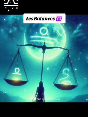 A night sky scene with a large, glowing moon in the background. In the foreground, a balancing scale spans across the image, with the scales holding zodiac symbols. A silhouetted figure of a person stands in the middle, with their back towards the viewer. The overlay above says "Les Balances".