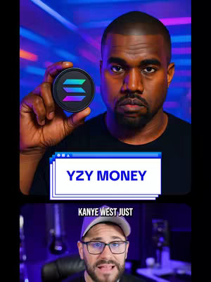 The cover image is split into two sections. The top section showcases Kanye West holding a coin with the Solana logo. The bottom section features a man with glasses speaking to the camera. Text overlay on the top reads "YZY MONEY."