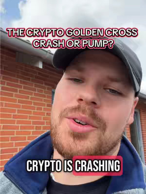 A man in a black cap and blue jacket speaks candidly. Text overlays read 'THE CRYPTO GOLDEN CROSS CRASH OR PUMP?' at the top and 'CRYPTO IS CRASHING' at the bottom. The backdrop includes a brick wall and sky.