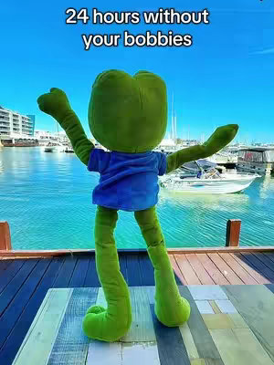 A photo shows a green plush toy figure in front of a scenic waterfront backdrop, with boats and the ocean visible. The figure has a frog-like appearance, wearing a blue shirt. It is standing with arms outstretched as if embracing the view. Text overlay at the top reads '24 hours without your bobbies'.