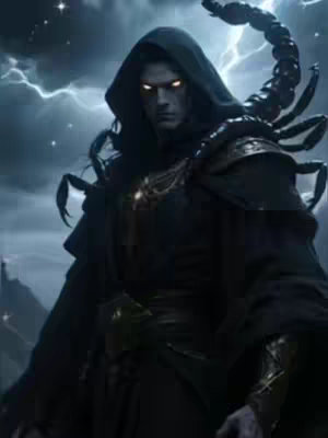 The image is a digital artwork showing a hooded figure with glowing yellow eyes in front of a stormy night sky. The figure is dressed in dark robes with a scorpion-like structure over its shoulders. Lightning flashes in the background, and the overall atmosphere is mysterious and somewhat ominous.