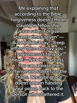 A woman with wavy brown hair and glasses speaks to the camera. Text overlays the image, containing a message about forgiveness.