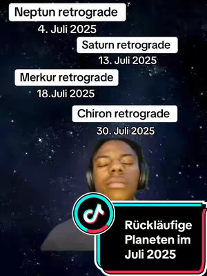 The image is a vertical video cover featuring a person in the middle of the frame. The person is a young man with closed eyes, wearing a headset, suggesting he is listening to something. Above the person's head are four white rectangular text boxes, each detailing a retrograde planet event with the date. Below, a black and red TikTok logo is partially visible. The background is a deep space scene with stars and a nebula, adding depth to the image.