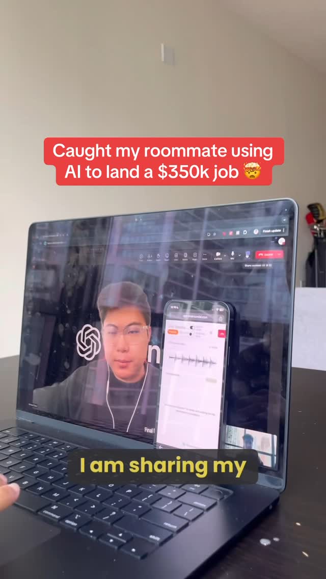 A person is shown using a laptop with a video call displayed on the screen and another smartphone displaying a waveform, the laptop screen is showing another person who is supposed to be on the interview, in the image there is also text overlays.