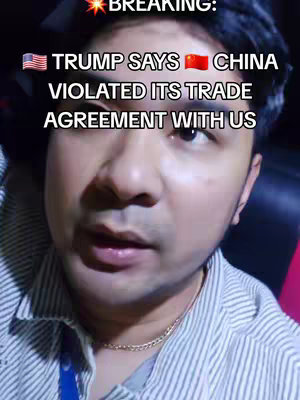 Close-up shot of a man with text overlayed. The man is looking at the camera with a neutral expression, wearing a striped shirt. The lighting appears to be soft. The text includes flags of the US and China, with the words 'TRUMP SAYS CHINA VIOLATED ITS TRADE AGREEMENT WITH US'.