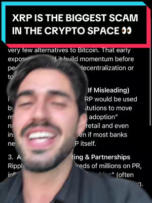 A selfie-style shot features a man looking directly at the camera with a wide smile. Above him is a bright red banner with white text that reads: "XRP IS THE BIGGEST SCAM IN THE CRYPTO SPACE". Below, a column of white text is visible against a dark backdrop, suggesting the structure of a presentation.