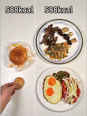 The image is divided vertically. On the left, it shows a hamburger in wrapping and a person's hand holding a small cookie. On the right side, there are two plates of food, one including a variety of meats and vegetables and the other with an egg, vegetables and slaw. The image is set against a white background. The calorie count "588kcal" is written on top of each column.