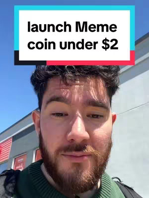 The cover image is a selfie-style shot featuring a young man in front of a building, likely outdoors given the lighting. At the top, there is a rectangular text overlay with a white background and black text, which reads "launch Meme coin under $2". The man is looking slightly down and to the side with a neutral expression. He has a beard and appears to be wearing a green sweater. The background includes a building with a red sign.