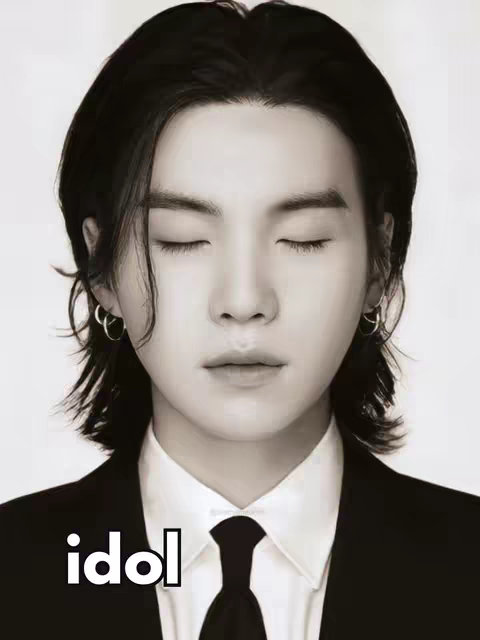 A black and white headshot of a man with long, dark hair and closed eyes. He is wearing a black suit and a black tie. The word 'idol' is written in white letters at the bottom of the image.
