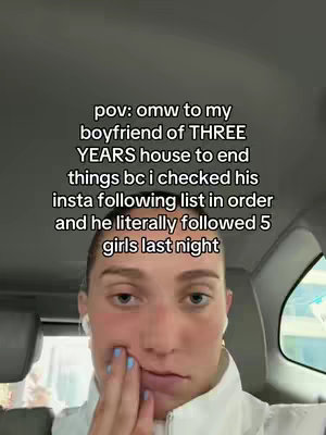 The cover image shows a young woman in a car, framed from the chest up. She is looking towards the camera with a somber expression, slightly biting her lip and with one hand placed near her face. The image has text overlayed explaining she's going to confront her boyfriend for cheating. The background is a blurred car interior.