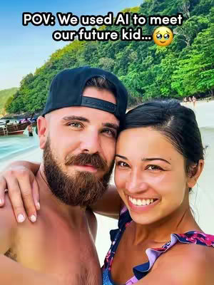 A couple embraces on a beach with a tropical background. The man, wearing a black cap and holding the woman, has a beard, while the woman has a radiant smile. Text overlays in a speech bubble, implying AI use.
