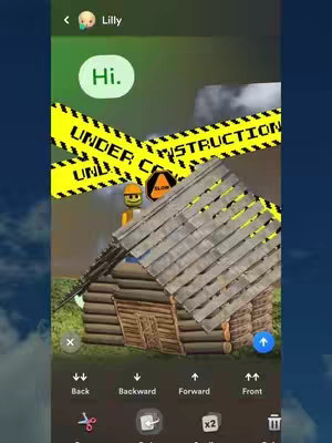 The image shows a mobile phone app screen displaying a cartoon construction scene with an animated character. The top layer has a speech bubble with "Hi." inside. Below, an "UNDER CONSTRUCTION" yellow tape crosses over the screen. Beneath it is a cartoon house under construction. The background is blurred but suggests a green field and a cloudy sky. The bottom of the screen shows navigation icons.
