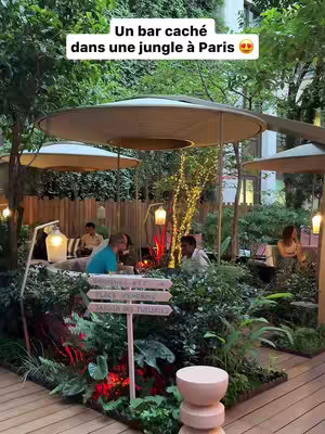 A lush outdoor setting of a bar during the day. Large, brown umbrellas provide shade over tables where people are seated, enjoying drinks and conversation. Green foliage surrounds the seating areas, giving the impression of a hidden garden. A sign points towards different areas. The overall mood is relaxed and inviting.
