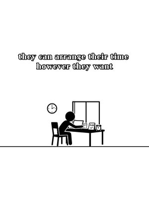 A minimalistic black and white image with a stick figure working at a desk. The figure is seated in front of a laptop, with a clock, a glass of water, and a notepad on the desk. Text at the top states, "they can arrange their time however they want."