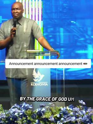 The cover image shows a man speaking into a microphone in front of a crowd and a podium with the logo of Koinonia. Text overlays highlight announcements. The color palette is dominated by blues and greens.