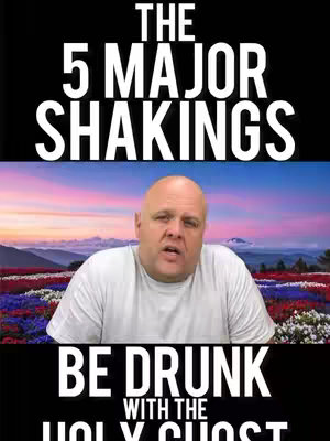 The cover image is a split screen. The top half is a black background with white text that reads "THE 5 MAJOR SHAKINGS". Underneath a man with light skin is in front of a landscape.
