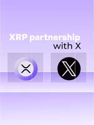 The image is a vertical graphic with a purple gradient background. At the top, white text reads \"XRP partnership with X\". Below this are two rectangular boxes. The left box features the XRP logo (a stylized \"X\"). The right box contains a white \"X\" inside a black circle. The overall design is clean and modern, using a limited color palette.