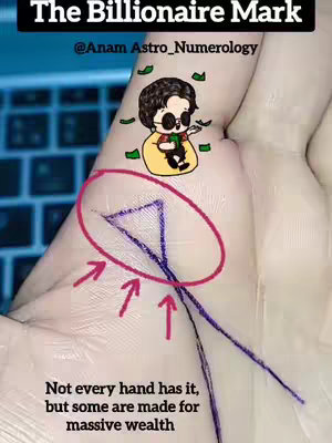 The image shows a close-up of a hand with palm lines highlighted. A cartoon figure holding money bags and cash is added to the image, along with a red oval. Text overlays provide context about a 'Billionaire Mark' and palm reading.