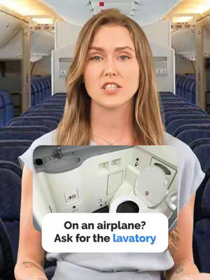 A woman stands in front of a background that simulates the interior of an airplane. The woman is speaking, and overlaying the bottom half of the image is a picture of an airplane bathroom, with text explaining what to ask for on an airplane.