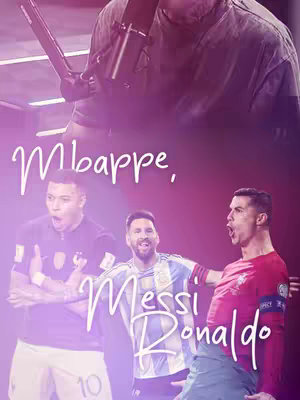 The image features a composite of famous soccer players with a presenter and a microphone in the background. The foreground shows the faces of Kylian Mbappé, Lionel Messi, and Cristiano Ronaldo, each in their team's respective jerseys with their mouths open in a state of excitement. The presenter in the background is cropped from the shoulders up, with the microphone in front of their face. The overall color scheme is a purple and white gradient.
