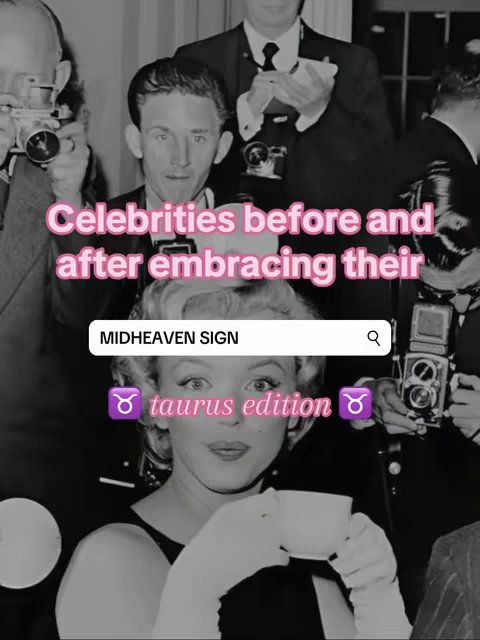 A black and white image depicting a group of photographers surrounding a woman in a dress and holding a cup. Text overlays indicate an astrology theme.