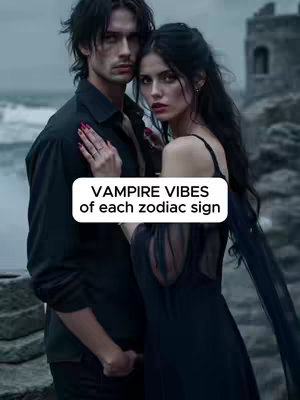A digitally created image featuring two people, possibly a man and a woman, in a gothic/vampire-like aesthetic. The man is on the left, wearing a dark, buttoned-up shirt, and looking at the viewer. The woman is on the right, wearing a dark sleeveless dress, with long dark hair, and red lipstick; she's looking towards the viewer. The two are closely posed near each other and appear to be standing by the sea, with a stone structure and sea in the backdrop. A text overlay sits on top of the image.