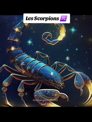 A digitally created image featuring a detailed, stylized scorpion in a blue and gold color scheme against a dark, starry space background. The scorpion's form is elaborate, with intricate details and highlights. Overlayed on the image is text in a white banner. 
