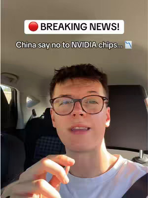 A young man with glasses is seated in a car, likely filming a video. Above him is a white banner that reads 'BREAKING NEWS!' with a red dot, and below that is text about China and NVIDIA chips. He is the central focus, positioned in front of a car's interior.