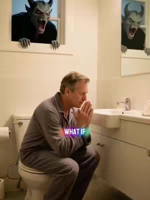 A man wearing pajamas kneels in prayer in a bathroom. Two demonic figures are peering into the bathroom through the window and reflection and are about to attack. Overlay text 'WHAT IF' is placed on the image.