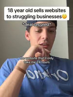 A young man is in a selfie-style video, positioned from the chest up, with a slight upward angle. He is seated and wearing a blue t-shirt with a graphic design. Above him is a white rectangular text overlay. The background is a light wall. The overall composition is simple, focusing on the person and the text.