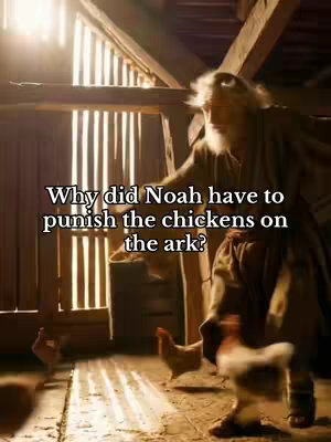 The image shows an interior scene, presumably a barn or stable, with wooden structures and sunlight streaming through. A bearded man wearing a loose garment and robe is the central figure, gesturing towards a group of chickens that are scattered around the wooden floor. The color palette is warm and dominated by earth tones created by wood grain and sunlight. The overall arrangement seems to be a moment from the story of Noah's Ark, given the setting and the chickens.