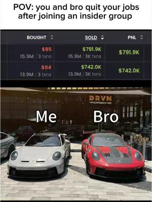 The image is a meme referencing financial gains, depicting a 'Me' and 'Bro' scenario. The upper section features a stock trading interface showing high profits, with figures like $791.9K. The lower half showcases two high-end Porsche cars, a gray one labeled 'Me' and a red one labeled 'Bro', parked in front of a luxury establishment. The setting implies success, wealth, and achieving goals, likely related to the theme of the video.