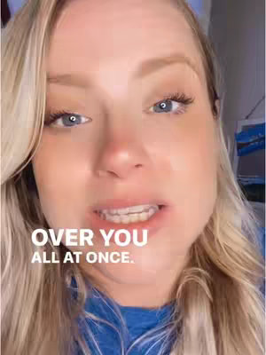 A close-up shot of a blonde woman with fair skin, blue eyes, and visible makeup. The image focuses on her face, with overlaid white text at the bottom. She appears to be speaking, with her mouth slightly open. The lighting seems natural, and the overall composition is simple, focusing on her expression.
