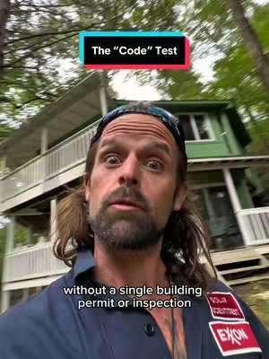 A man with a beard stands in front of a house, looking at the camera with an inquisitive expression. The text overlay asks if the viewer has ever seen a house built without a permit.