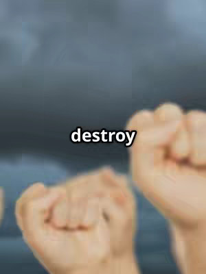 The cover image shows three fists clenched in a blurry, close-up view. The background has a greyish, cloudy tone. The word "destroy" is centered at the top, inside a white box, and the fists appear slightly out of focus with warm skin tones, set against an indistinct background.