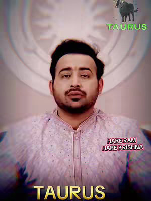 A man with a mustache looks at the camera, in front of a blurred background with a design and a Taurus graphic in the top right corner. Text overlays include 'TAURUS' in gold at the bottom and green above the bull graphic, and 'HARE RAM HARE KRISHNA' in the right corner. The man is wearing a patterned shirt.