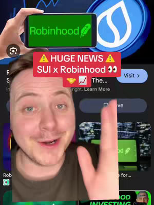The cover image is a composite featuring a man appearing to be the creator, overlaid with text and other images. The man is in the foreground, centered, with a slightly blurred background that appears to be a screen from a computer. The primary visual element is a smartphone screen in the top left corner, displaying the Robinhood app interface with the text. Above the creator is a red banner with curved edges that reads "A HUGE NEWS" in yellow. Beside the banner is a graphic. The overall color palette is bright, using shades of green and blue on a generally dark background, suggesting a cryptocurrency theme.