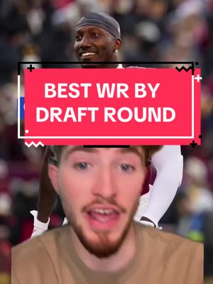 The cover image is a vertical orientation with a split-screen effect. The top half shows an American football player in action, with focus on his jersey and facial expression. He's set against blurred background of a stadium with the crowd. In the bottom half, a young man with a beard is looking directly at the camera with an animated expression. A red bar with white text overlay is places over the football player's image stating "BEST WR BY DRAFT ROUND". The composition is clean and directs the viewer's eye toward relevant information.