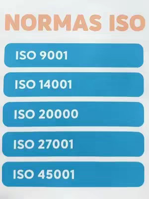 The image features a light background with a peach-colored heading "NORMAS ISO" at the top. Below this, there are five rectangular, horizontal buttons with a teal color, each containing white text indicating an ISO standard: "ISO 9001", "ISO 14001", "ISO 20000", "ISO 27001", and "ISO 45001". The layout is clean and organized.