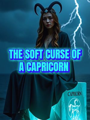 A woman with long brown hair and a crown of horns sits on a stone bench. She wears a dark dress, and in the background a thunderstorm rages with a lightning strike. Overlayed is the text 'THE SOFT CURSE OF A CAPRICORN'.