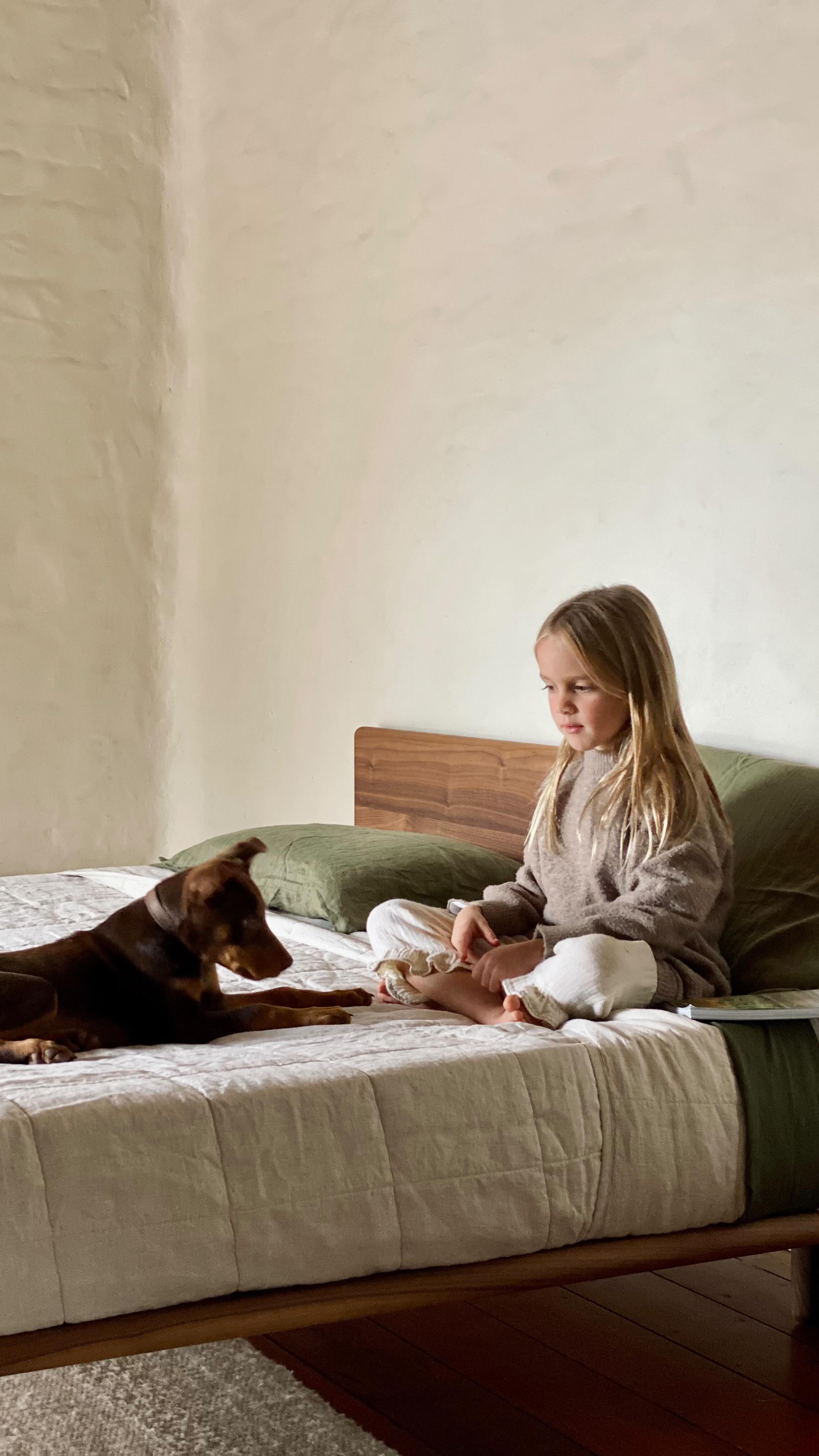 A young girl with long blonde hair sits on a bed with a dark brown dog. The bed has a light grey, quilted cover and green pillows. The background is a textured, off-white wall. The dog is gazing at the girl, and she is looking down. The lighting is soft and natural.