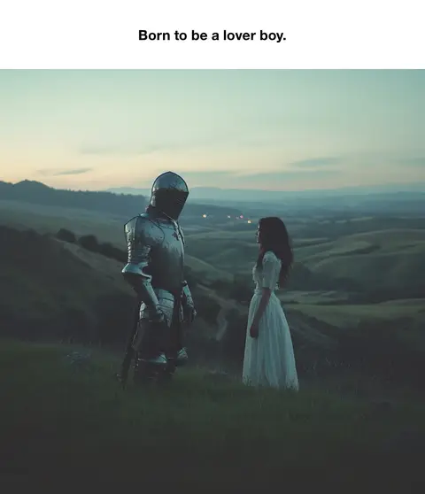 An image of a knight in full armor standing in a field, facing across at a woman in a white dress. The background has softly rolling hills with a dusky sky, creating a romantic medieval scene.