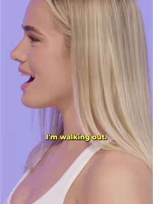 A woman with long, blonde hair is depicted in profile, against a purple-blue background. Overlayed text reads 'I'm walking out.' She wears a white top.