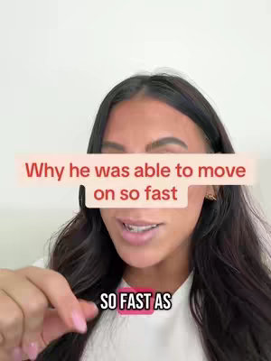 A woman with dark hair is centered in the frame, her face partially visible with a text overlay in a light-colored rectangle. The overlay reads 'Why he was able to move on so fast'. Below, on a pink rectangular box is the phrase 'SO FAST AS'. The background is a plain, light-colored wall.