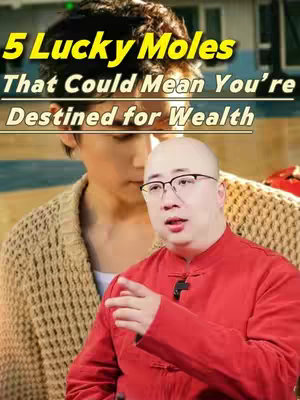The cover image features two men in the foreground and background. The man in the foreground is wearing glasses and a red shirt, pointing to the side. Behind him, a man with short hair and a cream-colored sweater is visible from the chest up. The overlay text in yellow and white at the top reads: "5 Lucky Moles That Could Mean You're Destined for Wealth". The background is a mix of tan and blurred greenery.