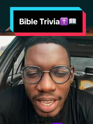 A man with glasses is centered in the shot, looking down with a slight smile. Above him is a black bar with the words \"Bible trivia\".