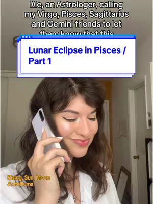 The cover image shows a woman on the phone, presumably an astrologer, with overlay text. The woman is fair-skinned with dark, wavy hair. She is smiling and holding a white phone to her ear. In the background is a blurry room setting. The overlay text is in a stylized window with a light blue background and white border.