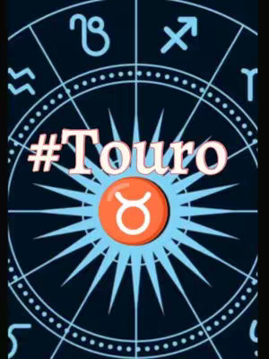 The image is a graphic with a dark blue background featuring a concentric circle design with light blue star-like shapes radiating outwards. The word "#Touro" is written in a stylized font towards the top center in light salmon color. In the very center of the graphic, a circular element contains the Taurus astrological symbol against an orange backdrop.