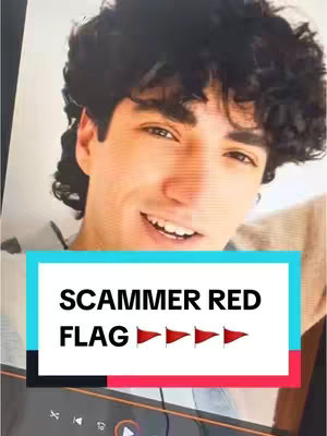 A young man with dark curly hair is smiling at the camera. Overlay text appears on a teal and red background. The layout is a selfie-style.
